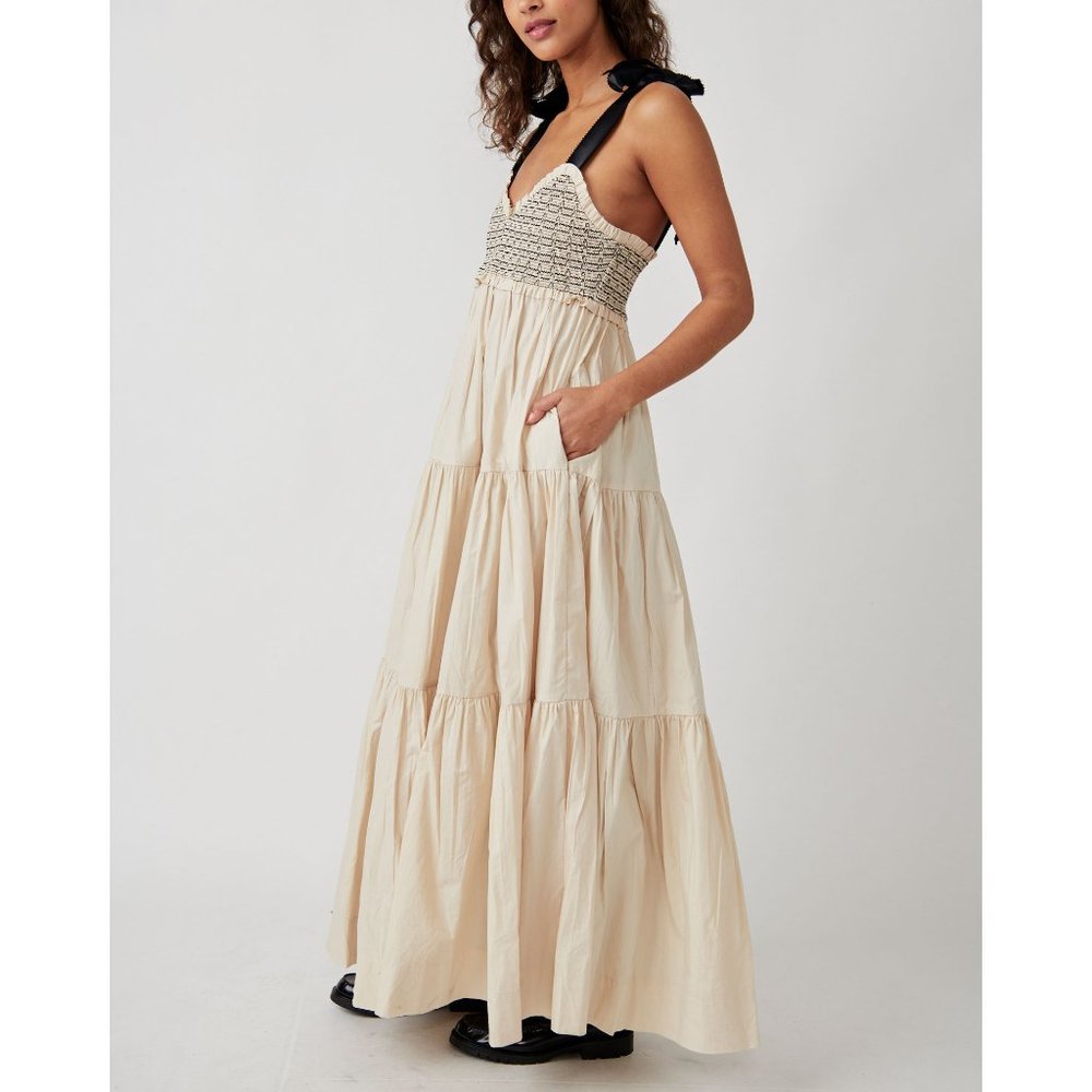 Free People Cream Tiered Maxi Dress with Black Tie Straps - Picture 9 of 13